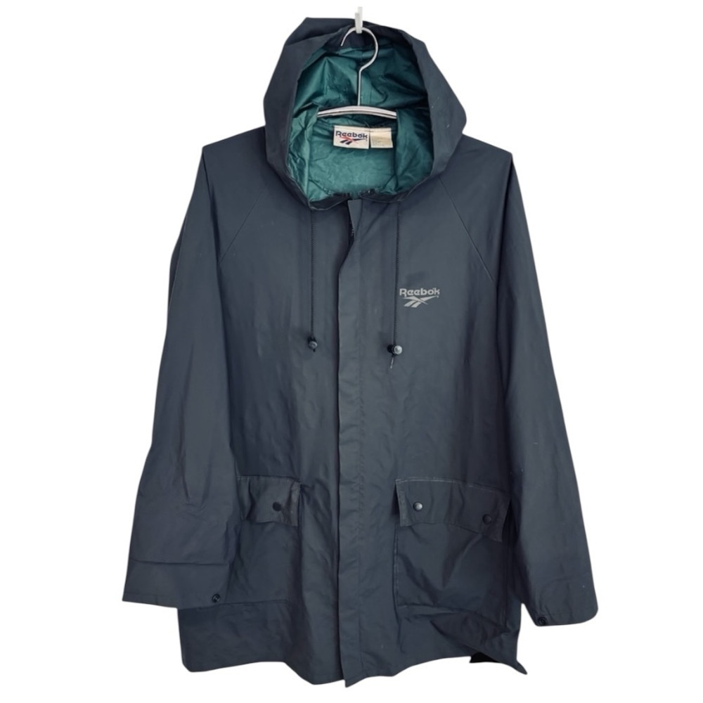 VINTAGE Reebok Men's Dark Gray Hooded Full Zip Raincoat with Green Lining